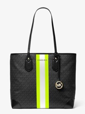 Michael Kors Eva Black Tote with Neon Yellow & White Center Stripe-NWT